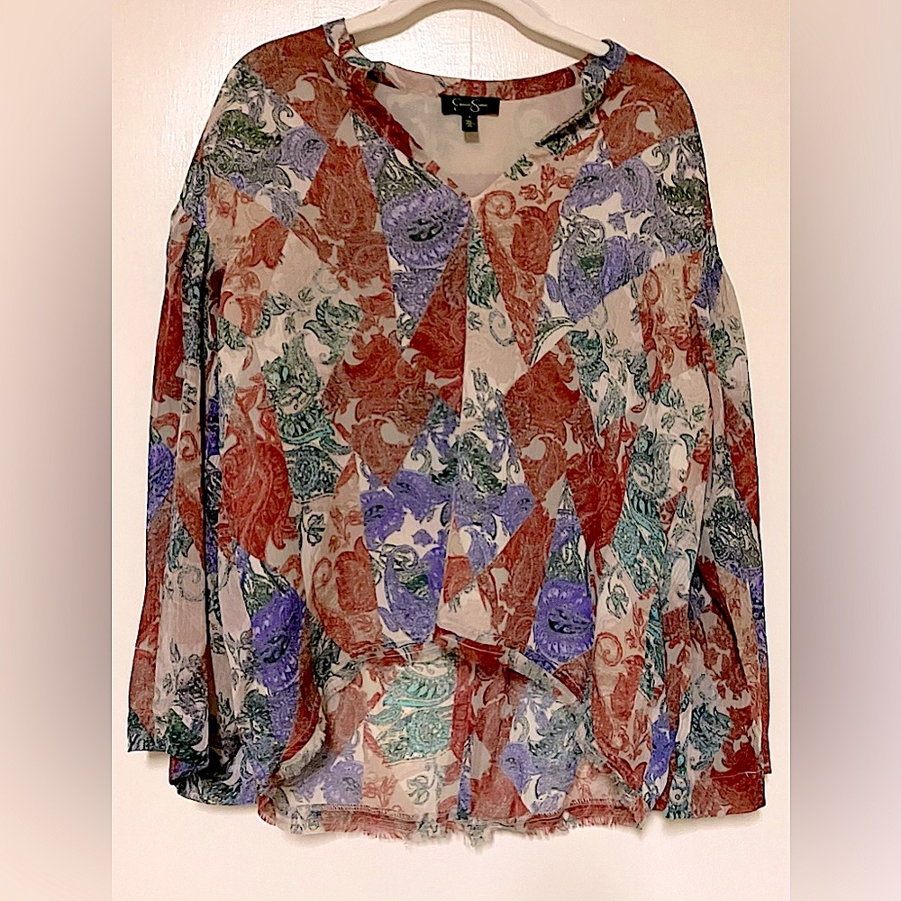 Jessica Simpson Multicolor Patterned Top/Raw Hem/Size S (big- fits like an 8/10) - Picture 5 of 8